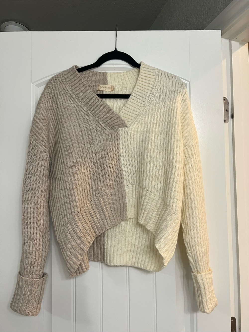 Altar'd State Cream and Beige Two-Tone V-Neck Ribbed Sweater